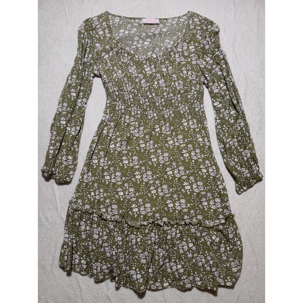 Women's M Floral Dress Green White Long Sleeve A-Line Ruffle Accents